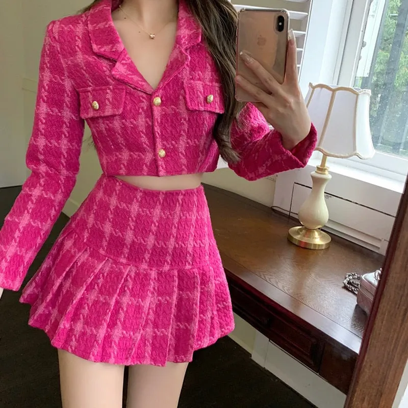Fall Small Fragrance Vintage Tweed Two Piece Set Women Crop Top Woolen Short Jacket Coat   Mini Skirts Sets Sweet 2 Piece Suits