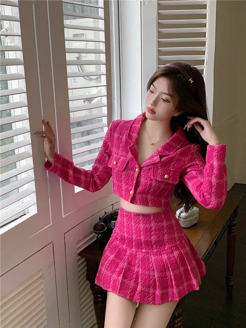 Fall Small Fragrance Vintage Tweed Two Piece Set Women Crop Top Woolen Short Jacket Coat   Mini Skirts Sets Sweet 2 Piece Suits