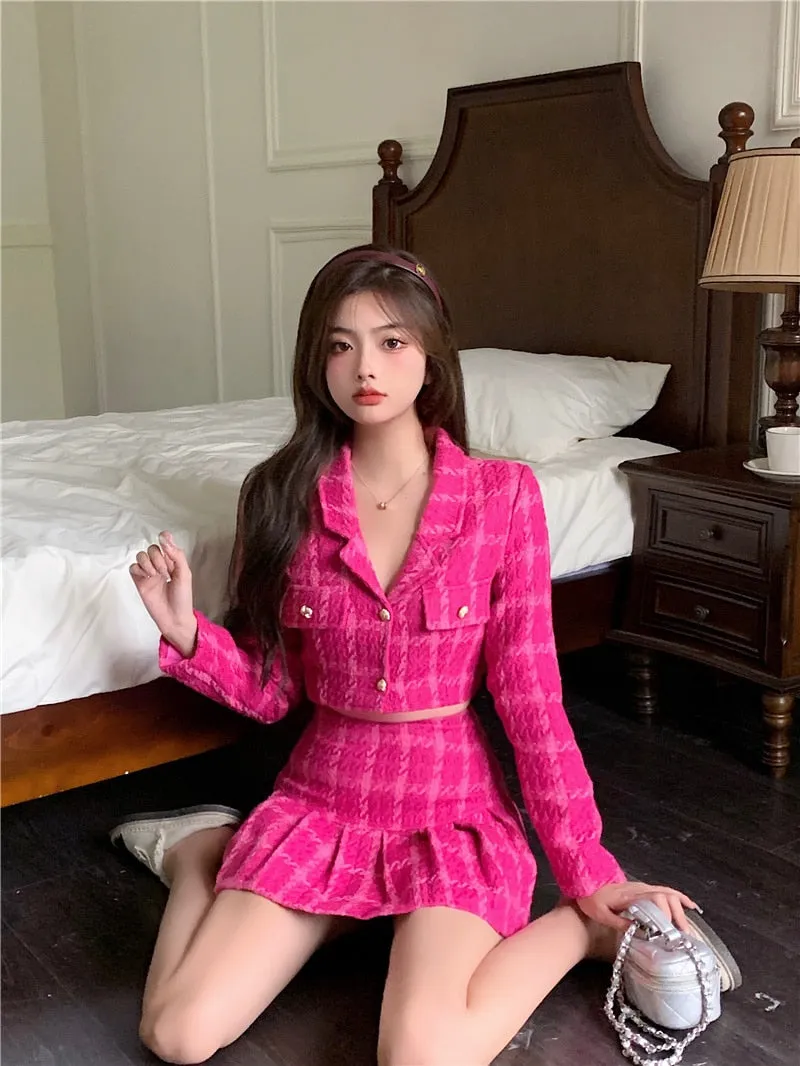 Fall Small Fragrance Vintage Tweed Two Piece Set Women Crop Top Woolen Short Jacket Coat   Mini Skirts Sets Sweet 2 Piece Suits