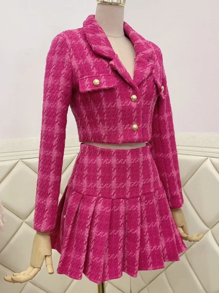 Fall Small Fragrance Vintage Tweed Two Piece Set Women Crop Top Woolen Short Jacket Coat   Mini Skirts Sets Sweet 2 Piece Suits