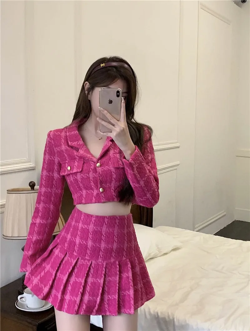 Fall Small Fragrance Vintage Tweed Two Piece Set Women Crop Top Woolen Short Jacket Coat   Mini Skirts Sets Sweet 2 Piece Suits