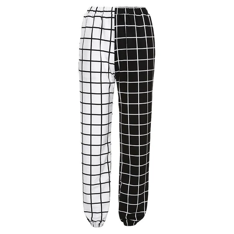Fashion check hit color high waist pants