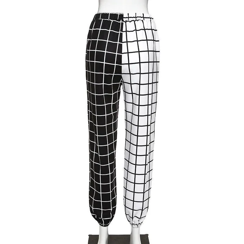 Fashion check hit color high waist pants