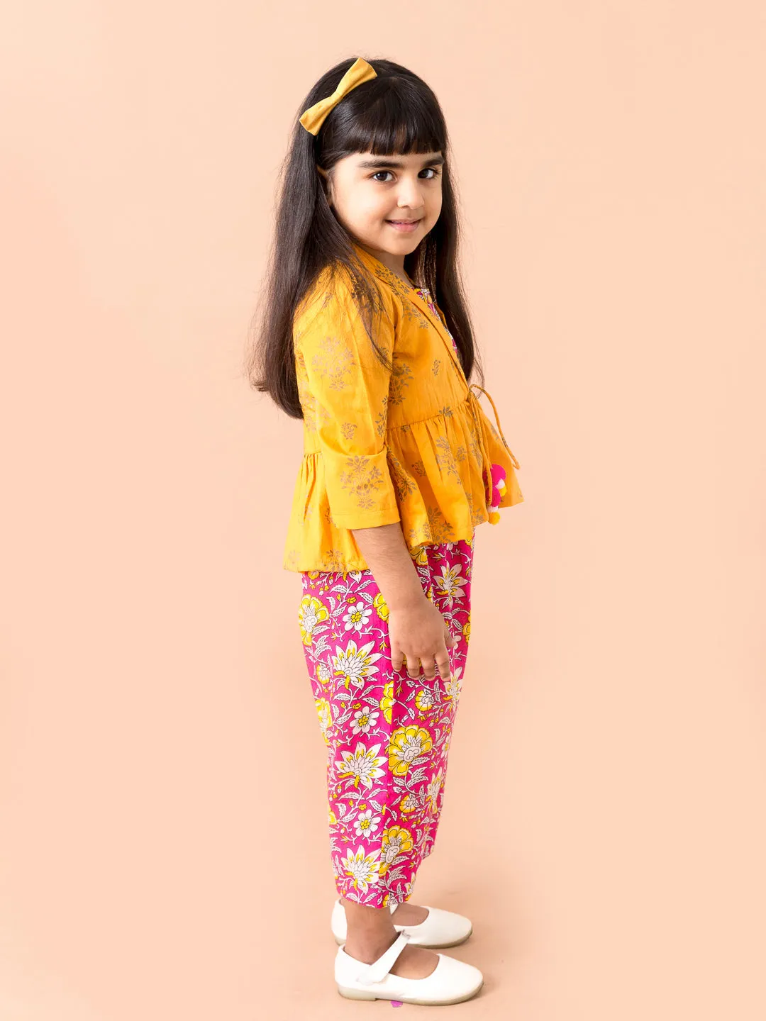 Girls Yellow Purple Printed Clothing Set With Coat - Ps Peaches