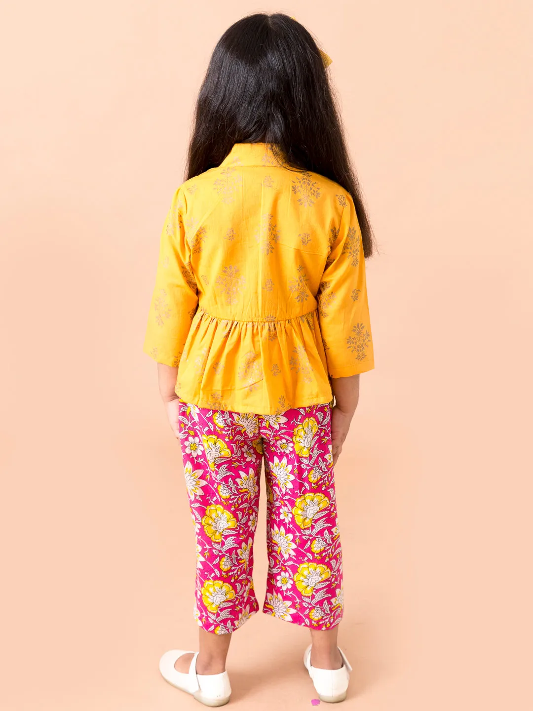 Girls Yellow Purple Printed Clothing Set With Coat - Ps Peaches