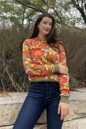 Groovy Floral Pullover in Olive & Orange