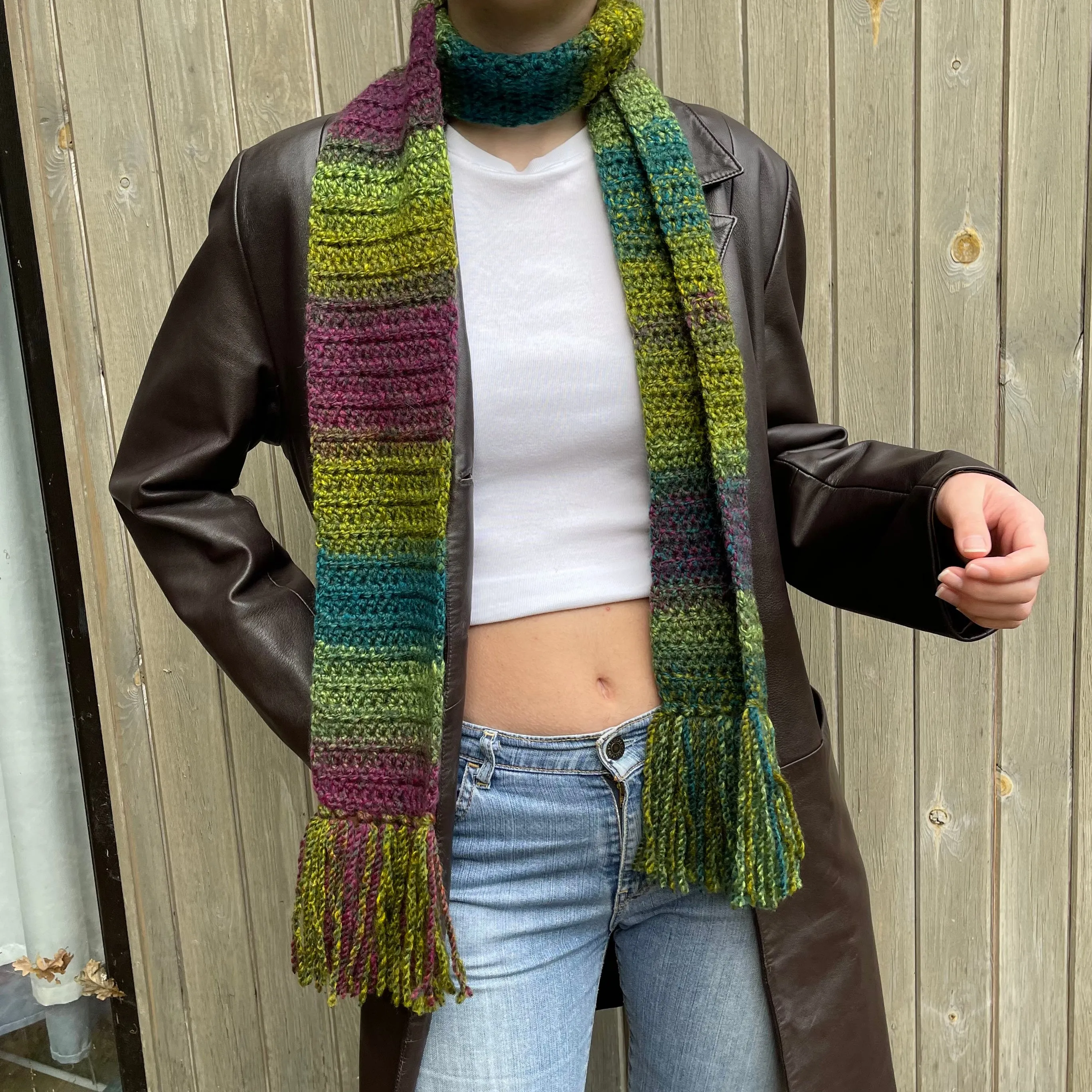 Handmade ombré green and purple crochet scarf with tassels