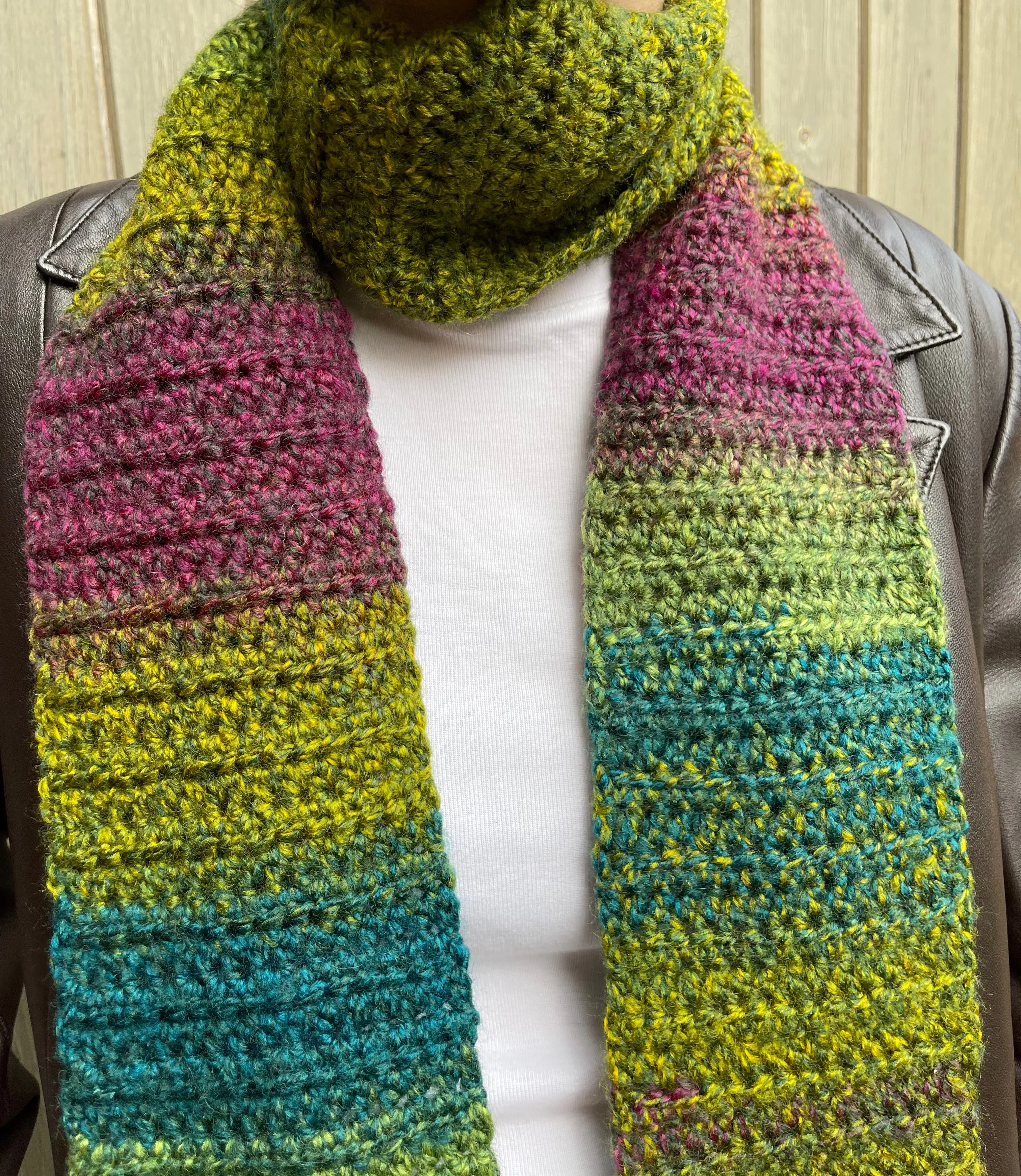 Handmade ombré green and purple crochet scarf with tassels
