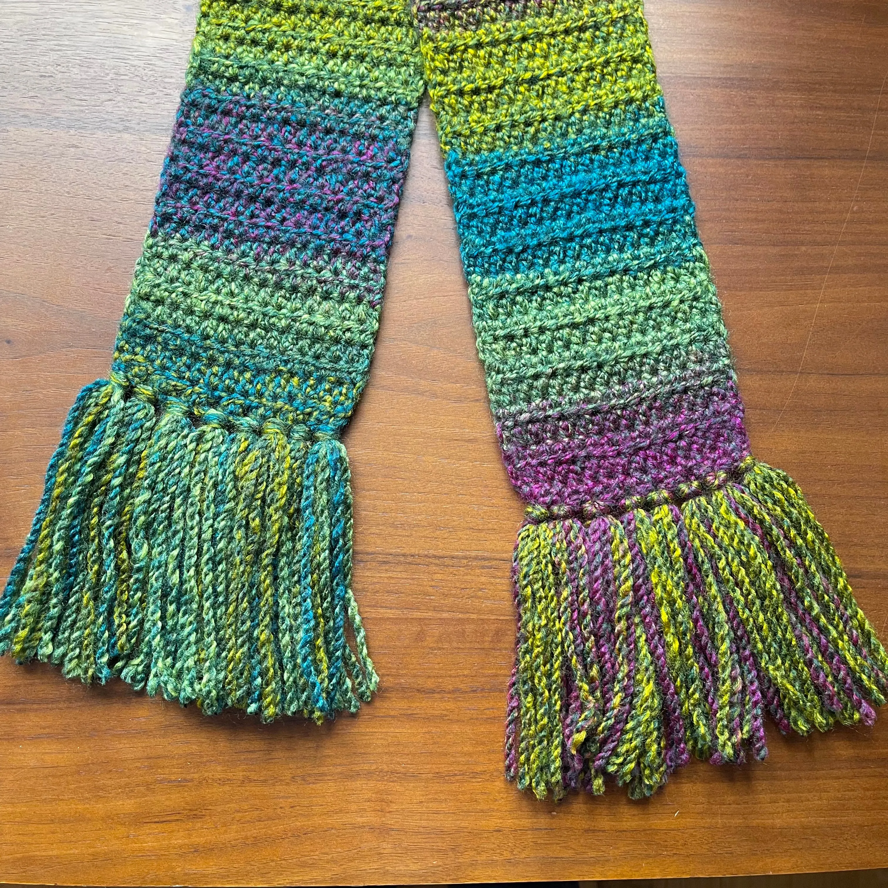 Handmade ombré green and purple crochet scarf with tassels