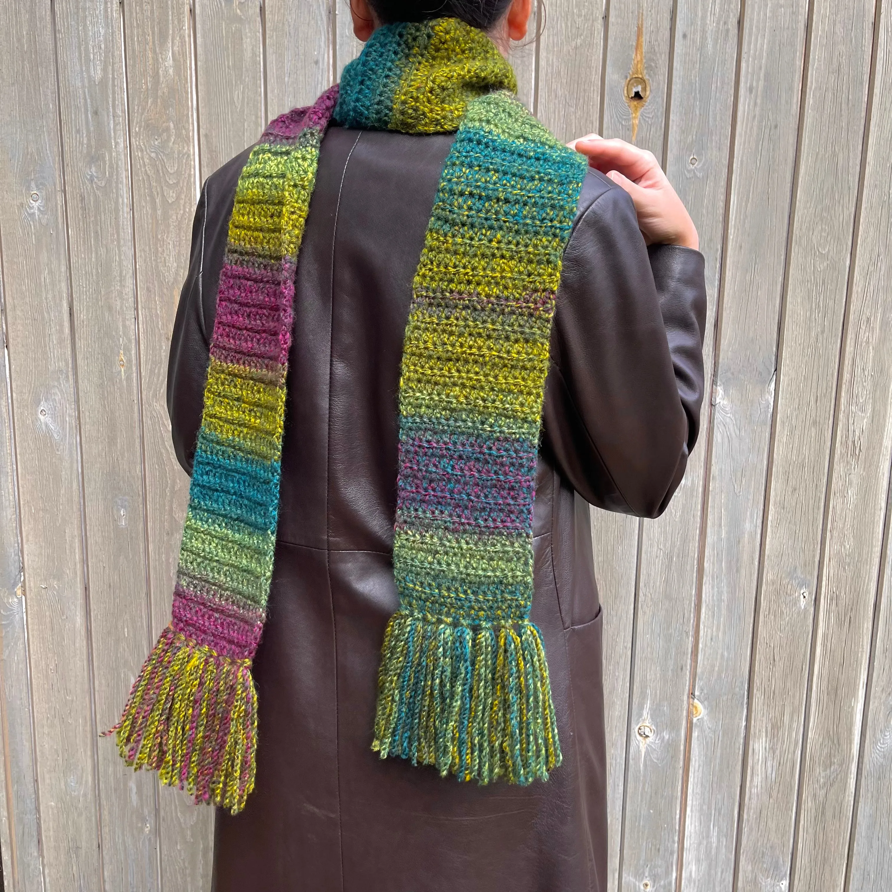 Handmade ombré green and purple crochet scarf with tassels