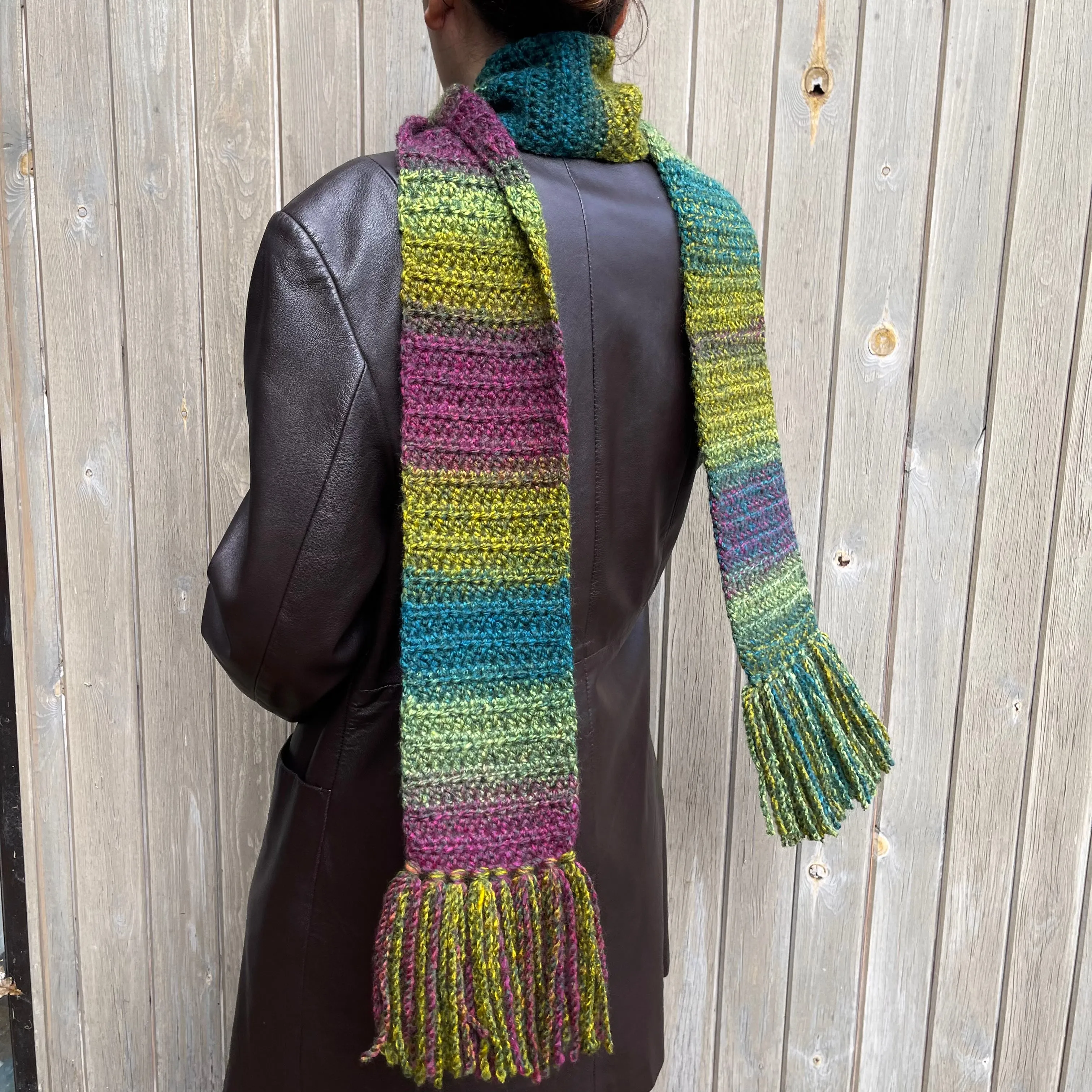 Handmade ombré green and purple crochet scarf with tassels