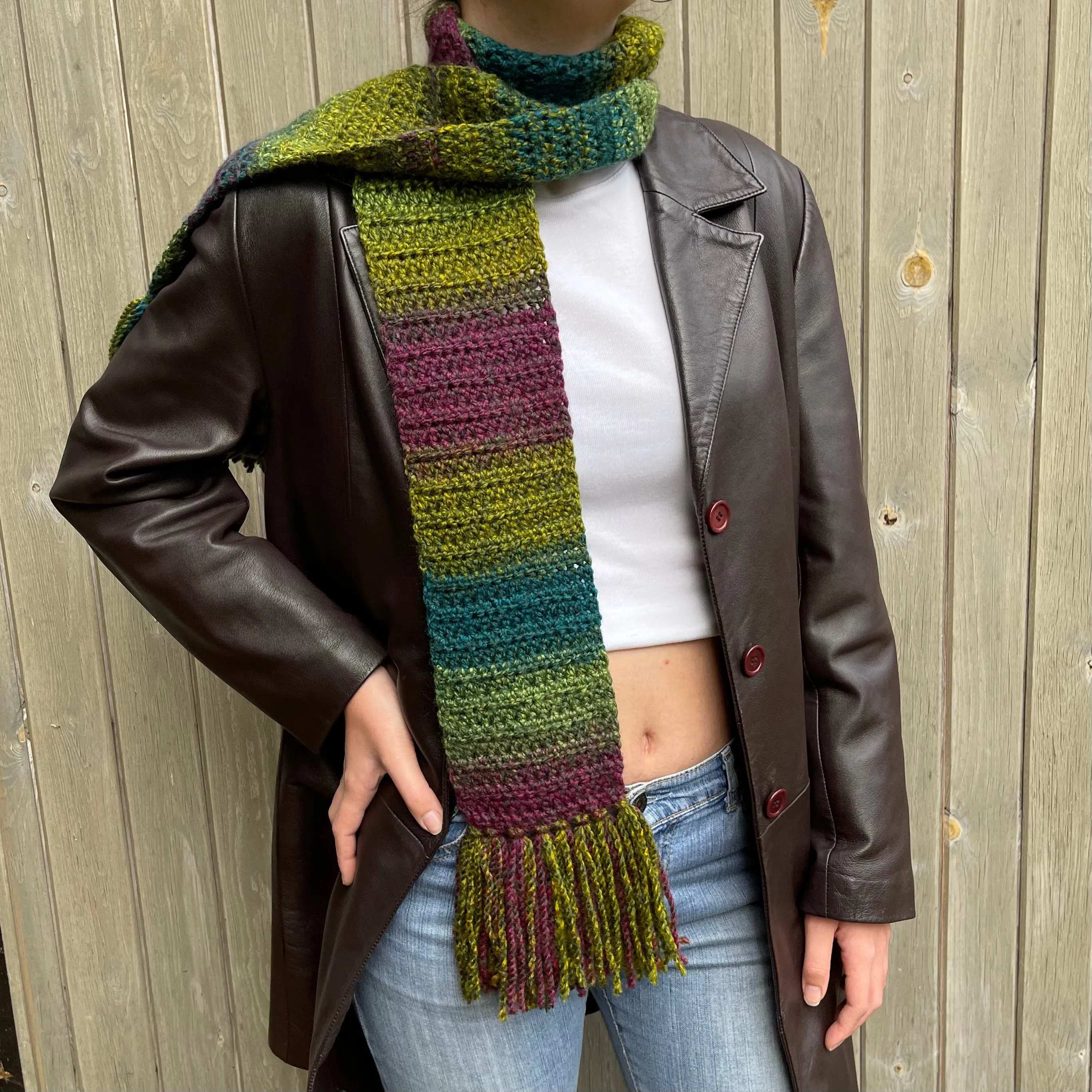 Handmade ombré green and purple crochet scarf with tassels