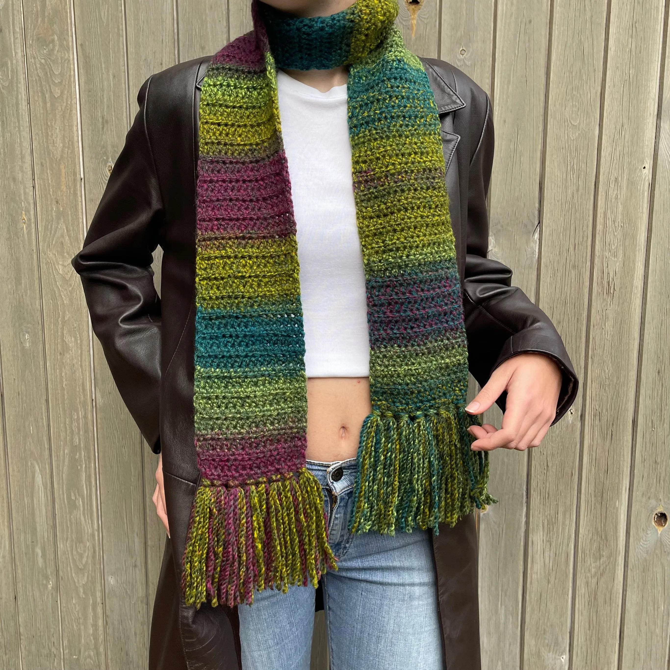 Handmade ombré green and purple crochet scarf with tassels