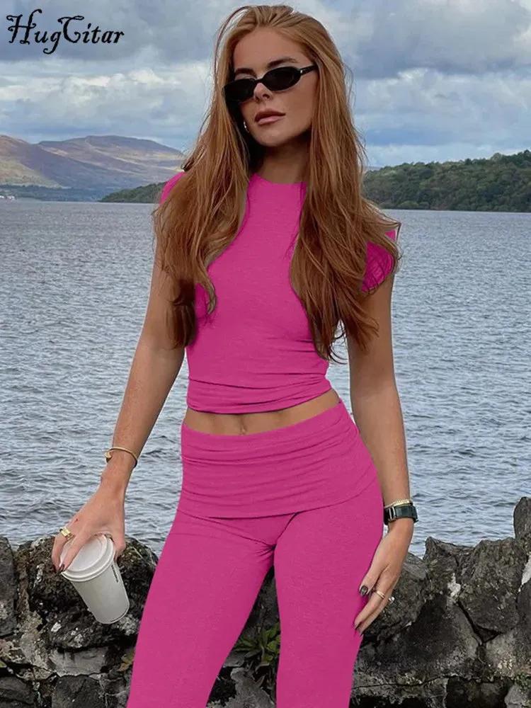 Hugcitar 2024 Summer 2 Piece Co Ord Sets Solid Short Sleeve Sexy Crop Top Pants Women New Casual Outfits Gym Work Out Party Y2K