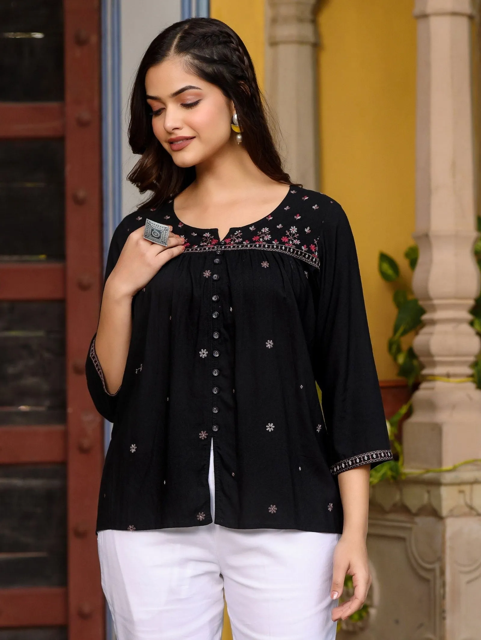 Jashvi Black Rayon Gathered Embroidered Tunic With Buttons