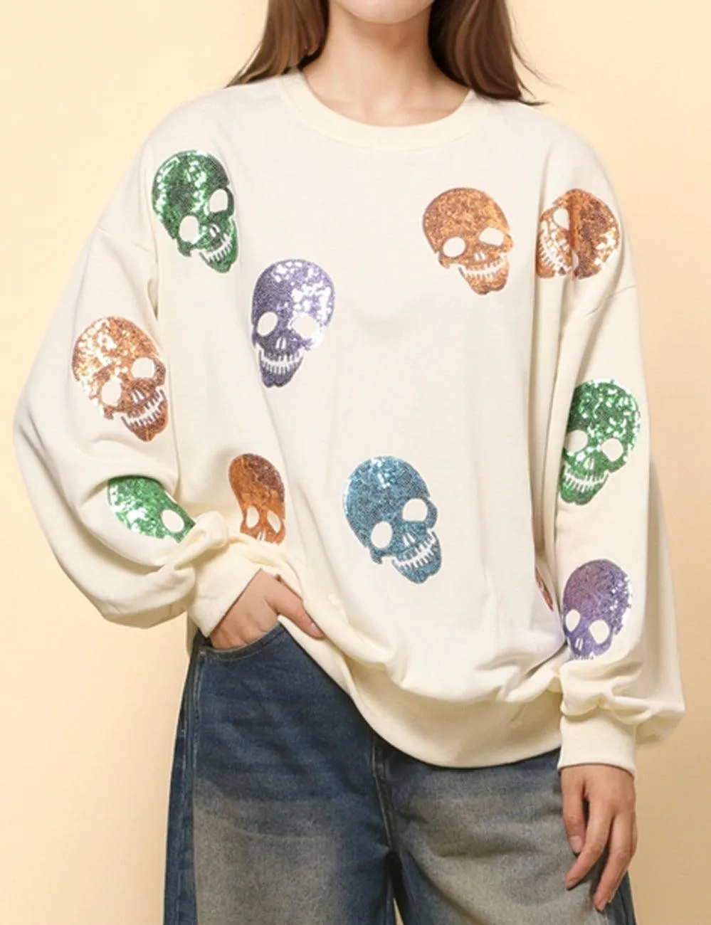 Ladies Halloween Sequin Skull Holiday Pullover Sweatshirt SKT4725