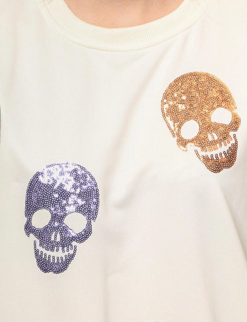 Ladies Halloween Sequin Skull Holiday Pullover Sweatshirt SKT4725