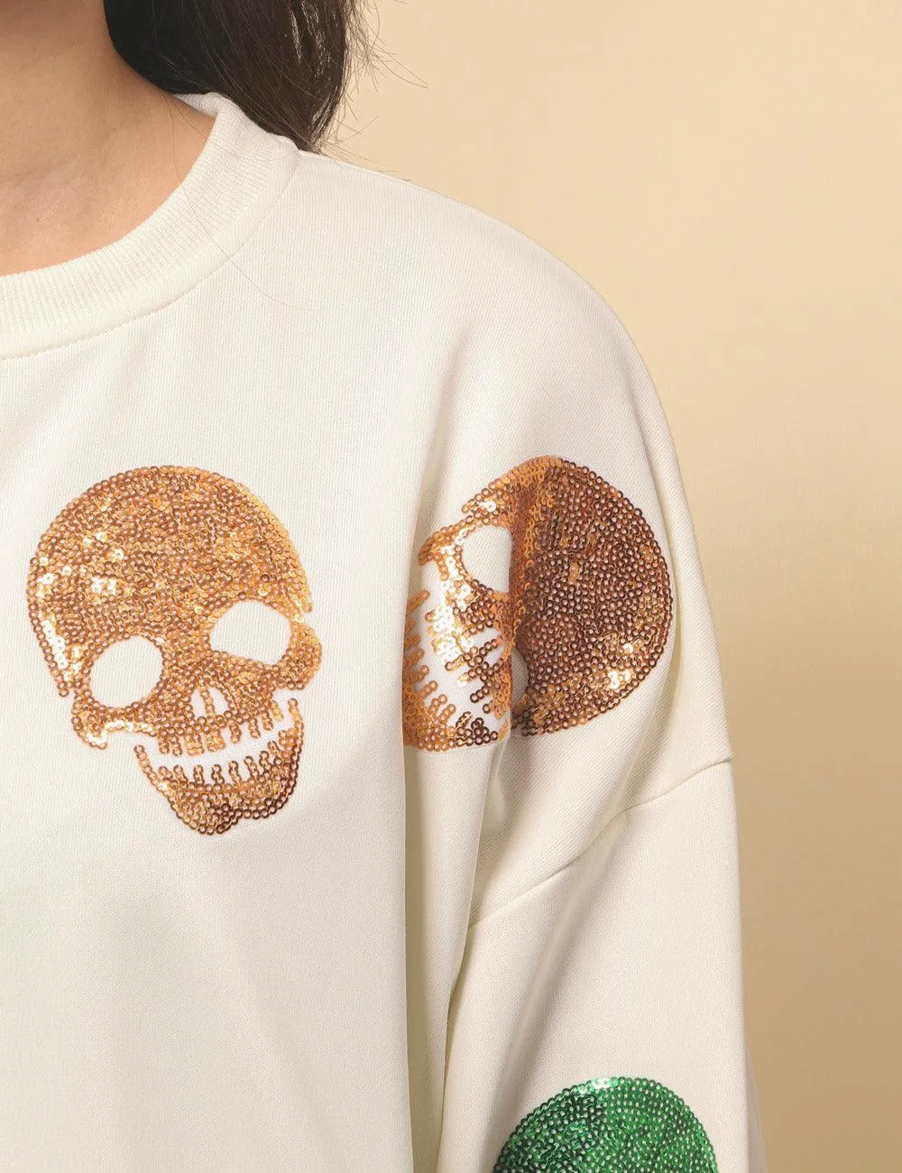 Ladies Halloween Sequin Skull Holiday Pullover Sweatshirt SKT4725