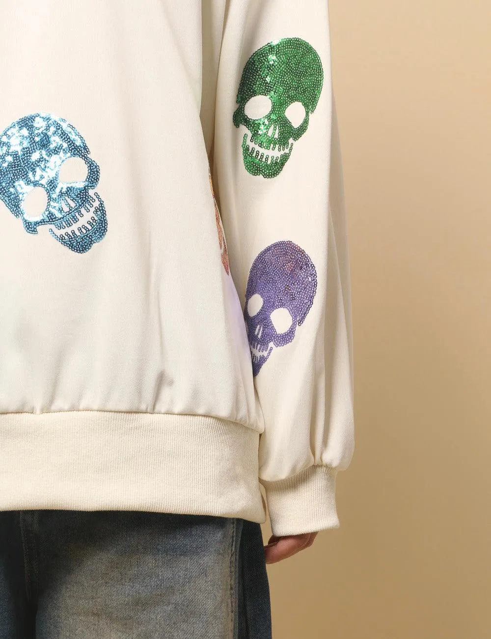 Ladies Halloween Sequin Skull Holiday Pullover Sweatshirt SKT4725