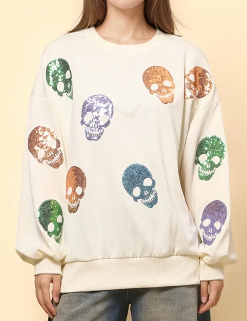 Ladies Halloween Sequin Skull Holiday Pullover Sweatshirt SKT4725