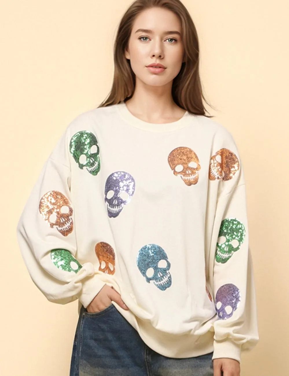 Ladies Halloween Sequin Skull Holiday Pullover Sweatshirt SKT4725