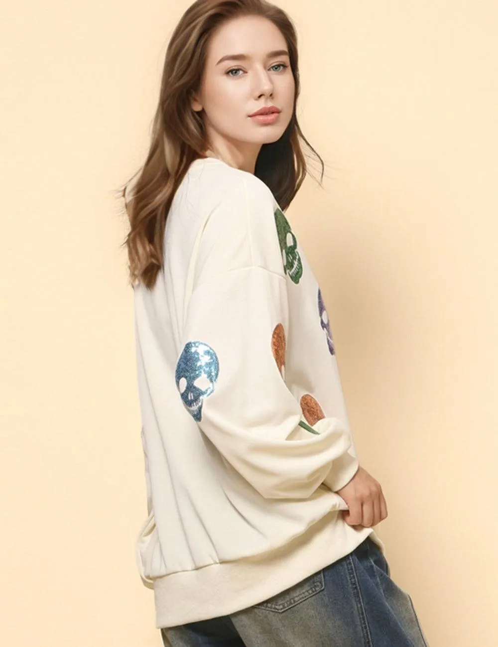 Ladies Halloween Sequin Skull Holiday Pullover Sweatshirt SKT4725