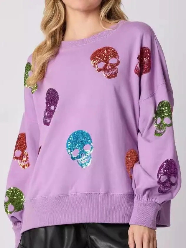 Ladies Halloween Sequin Skull Holiday Pullover Sweatshirt SKT4725