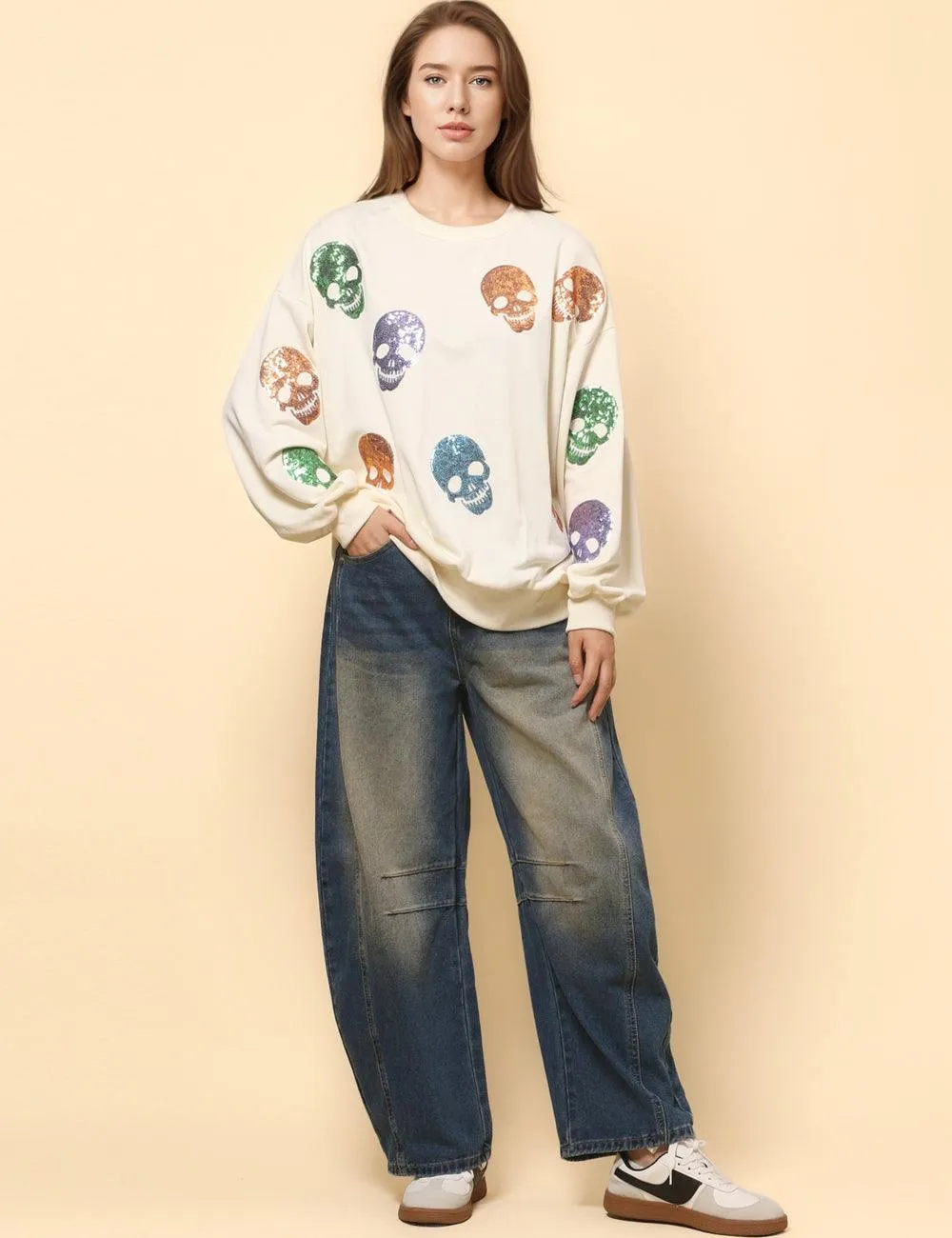 Ladies Halloween Sequin Skull Holiday Pullover Sweatshirt SKT4725