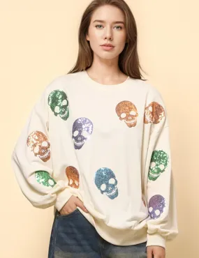 Ladies Halloween Sequin Skull Holiday Pullover Sweatshirt SKT4725