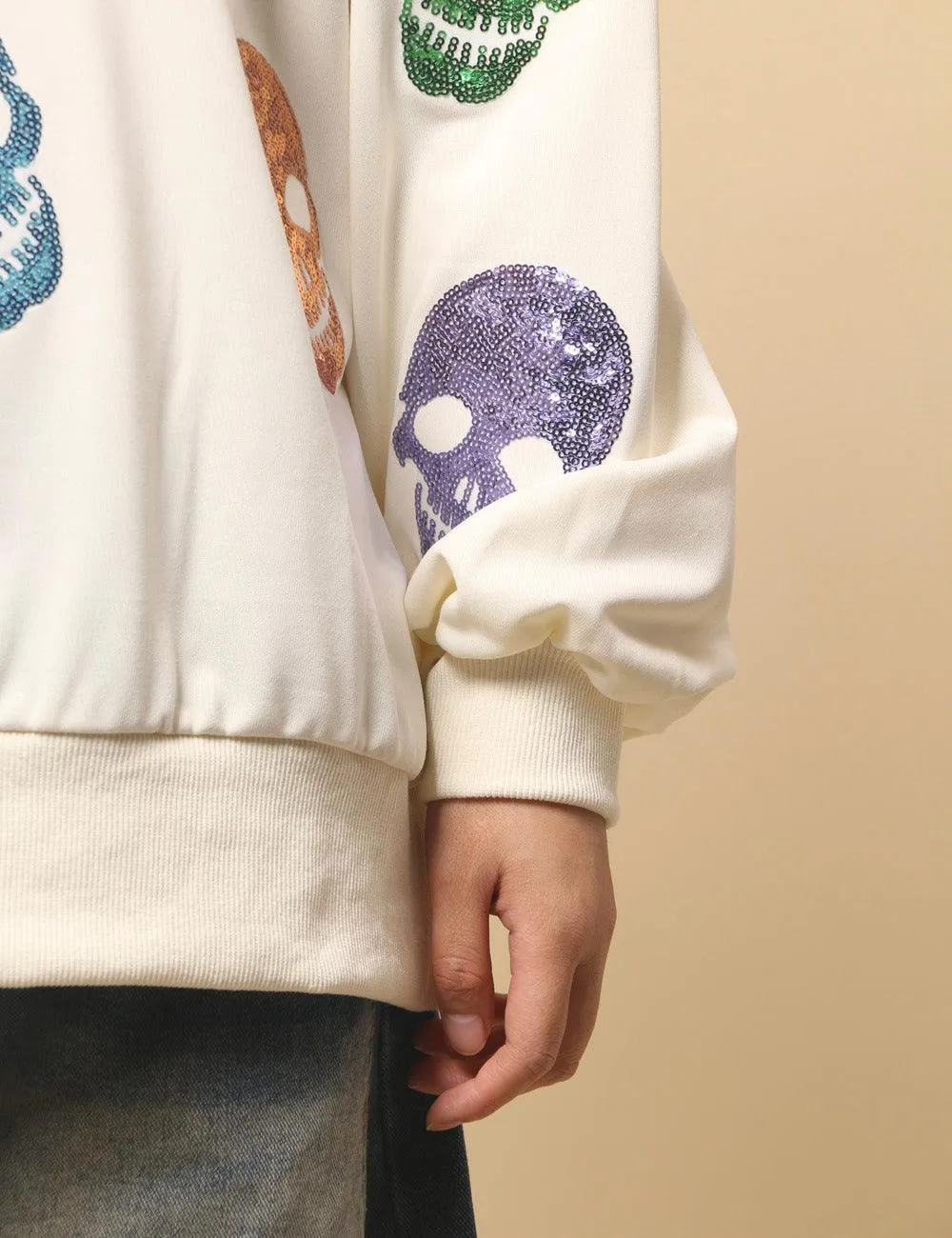 Ladies Halloween Sequin Skull Holiday Pullover Sweatshirt SKT4725