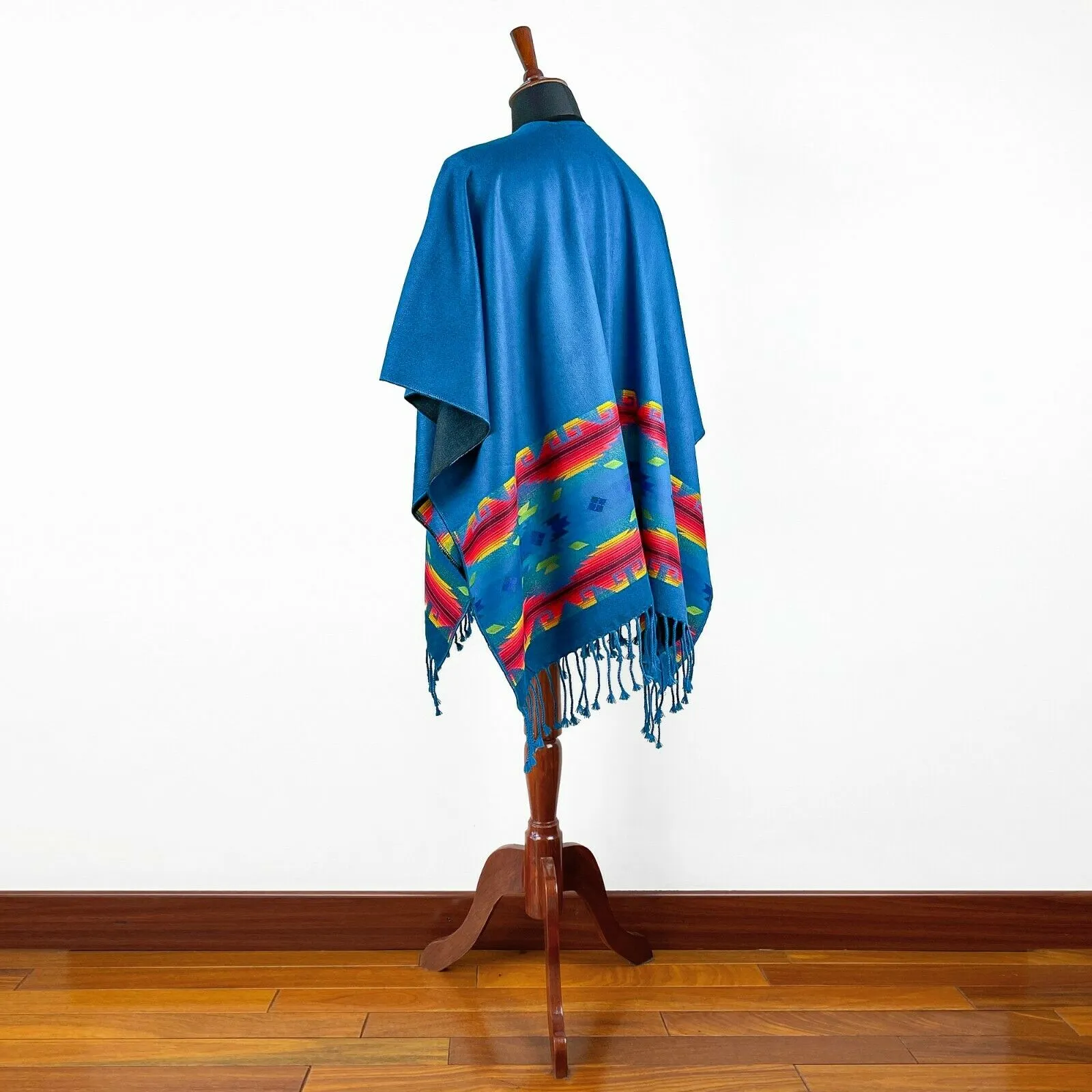 Lightweight Thin Alpaca Wool UNISEX Ruana Cape Poncho/Shawl - Blue with authentic pattern