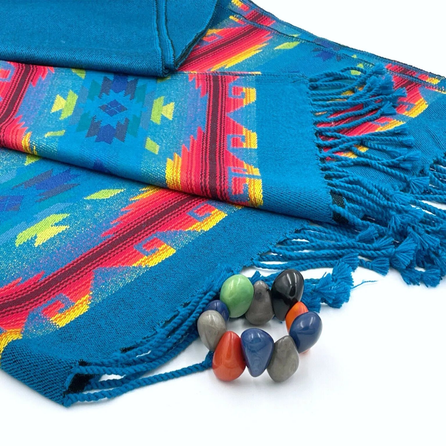 Lightweight Thin Alpaca Wool UNISEX Ruana Cape Poncho/Shawl - Blue with authentic pattern