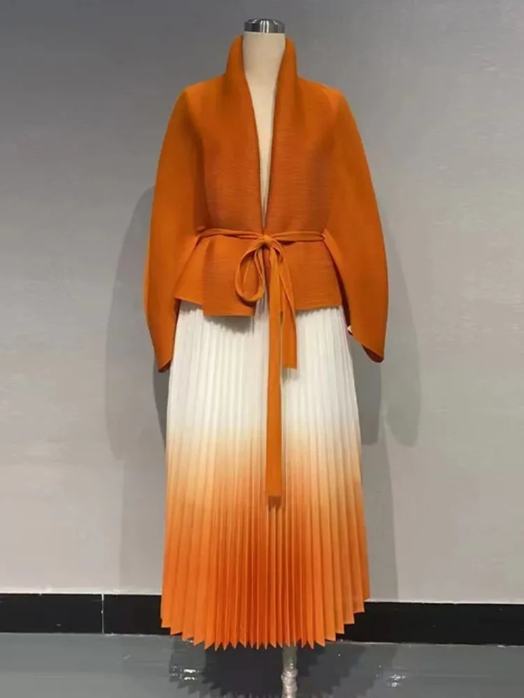 LVSANW LANMREM Pleated Gradient Two-piece Set For Women Solid Color Irregular Coat With Elastic Waist Skirts 2025 Spring New 2Z2501