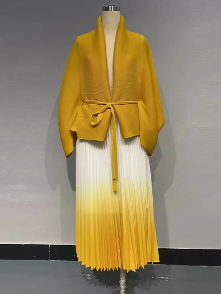 LVSANW LANMREM Pleated Gradient Two-piece Set For Women Solid Color Irregular Coat With Elastic Waist Skirts 2025 Spring New 2Z2501