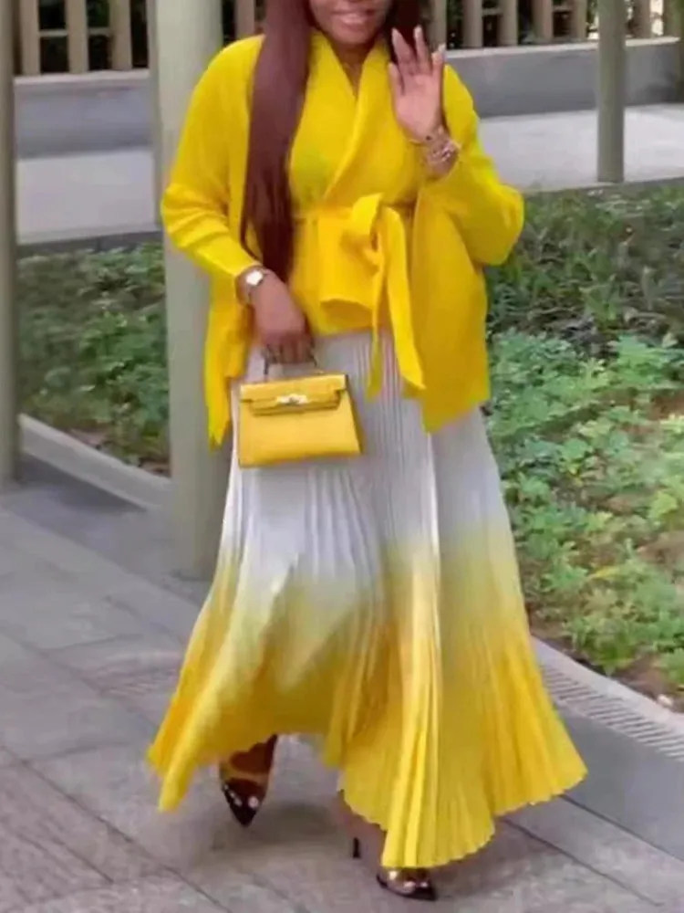LVSANW LANMREM Pleated Gradient Two-piece Set For Women Solid Color Irregular Coat With Elastic Waist Skirts 2025 Spring New 2Z2501