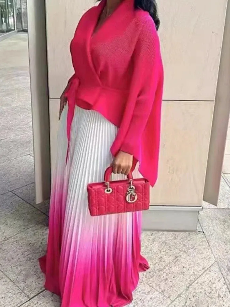 LVSANW LANMREM Pleated Gradient Two-piece Set For Women Solid Color Irregular Coat With Elastic Waist Skirts 2025 Spring New 2Z2501