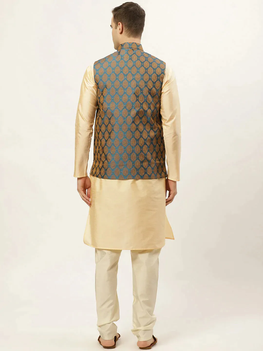 Men'S Golden Dupion Silk Kurta With Churidar & Nehru Jacket
