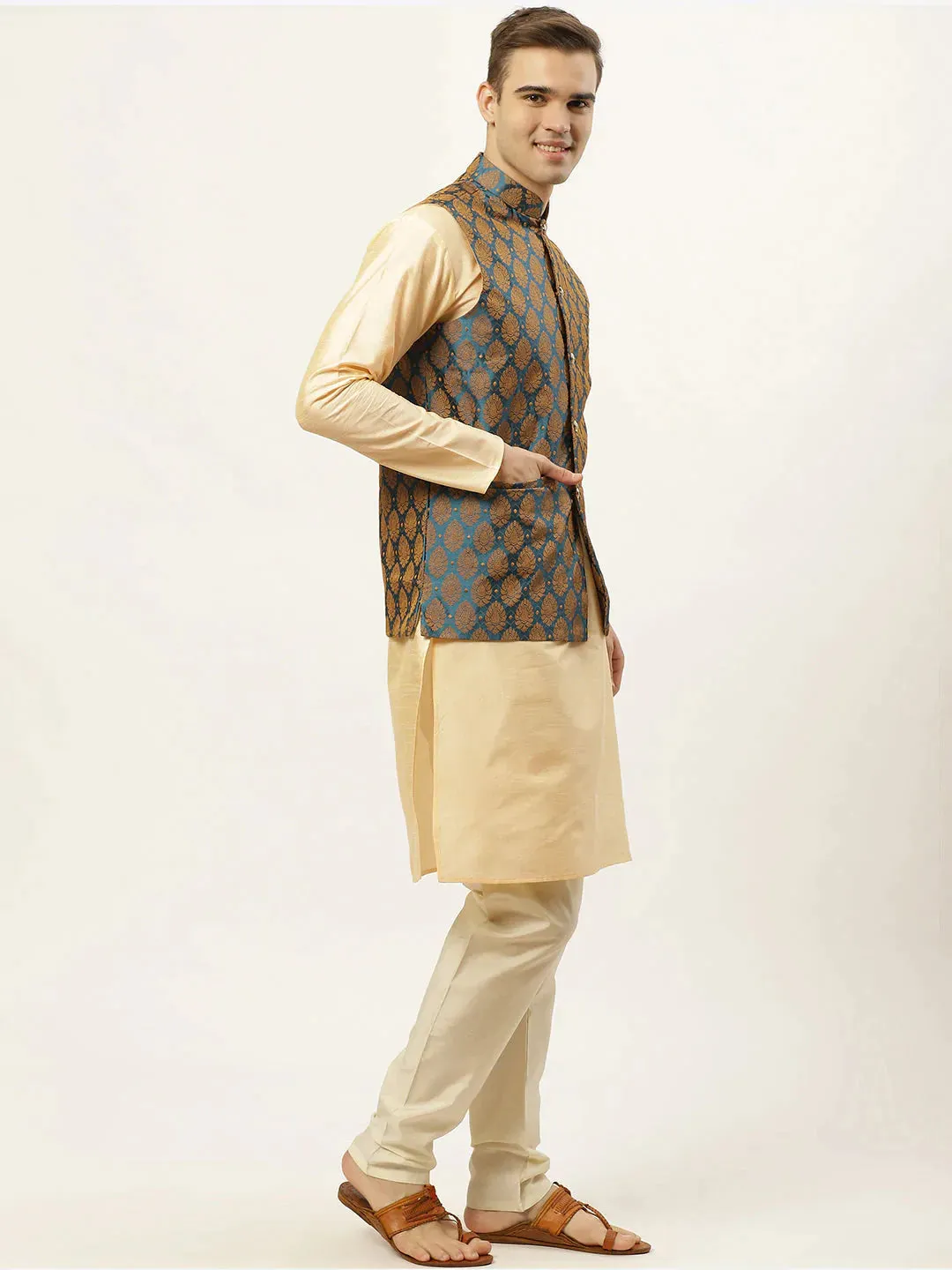 Men'S Golden Dupion Silk Kurta With Churidar & Nehru Jacket
