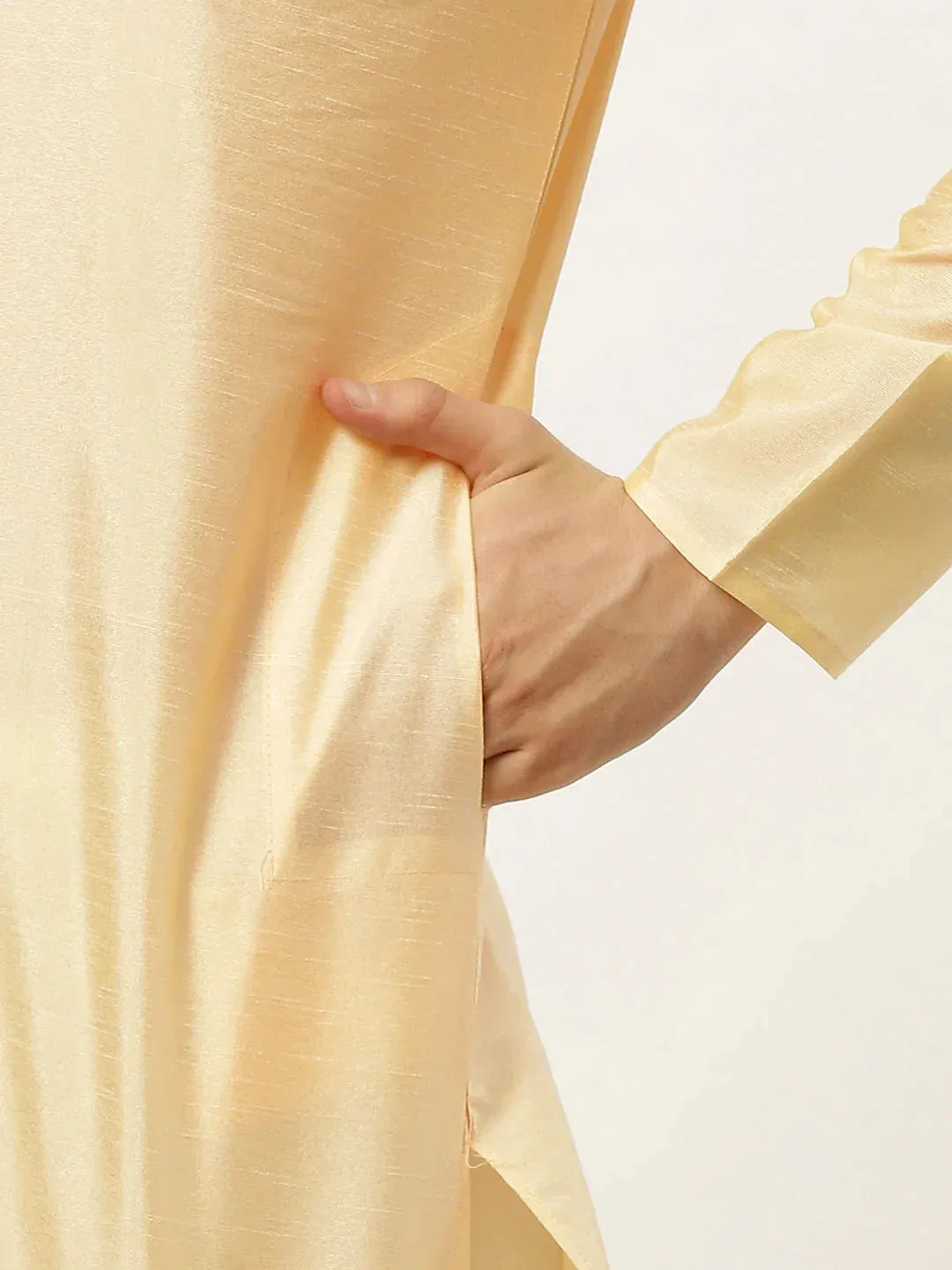 Men'S Golden Dupion Silk Kurta With Churidar & Nehru Jacket