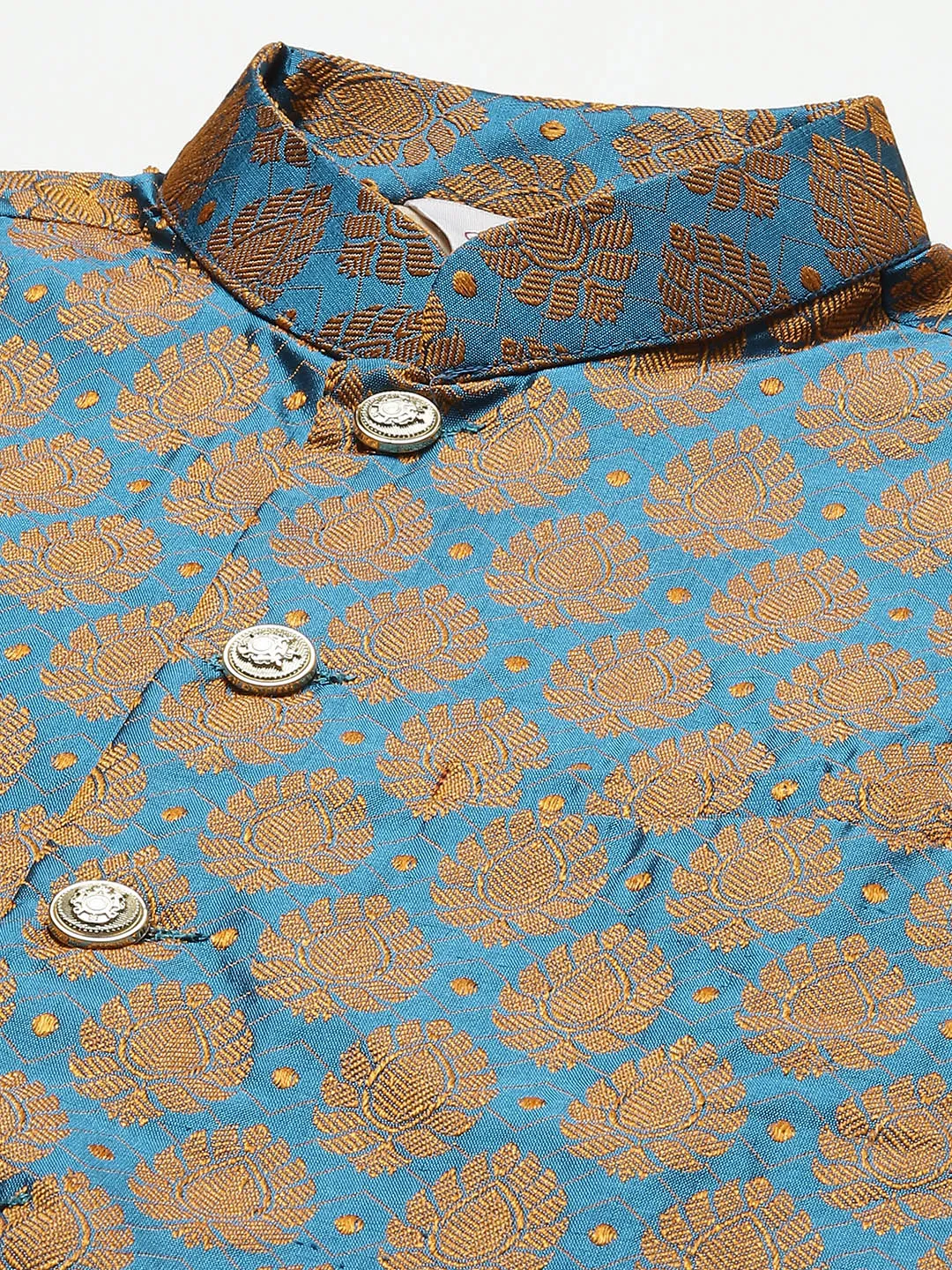 Men'S Golden Dupion Silk Kurta With Churidar & Nehru Jacket
