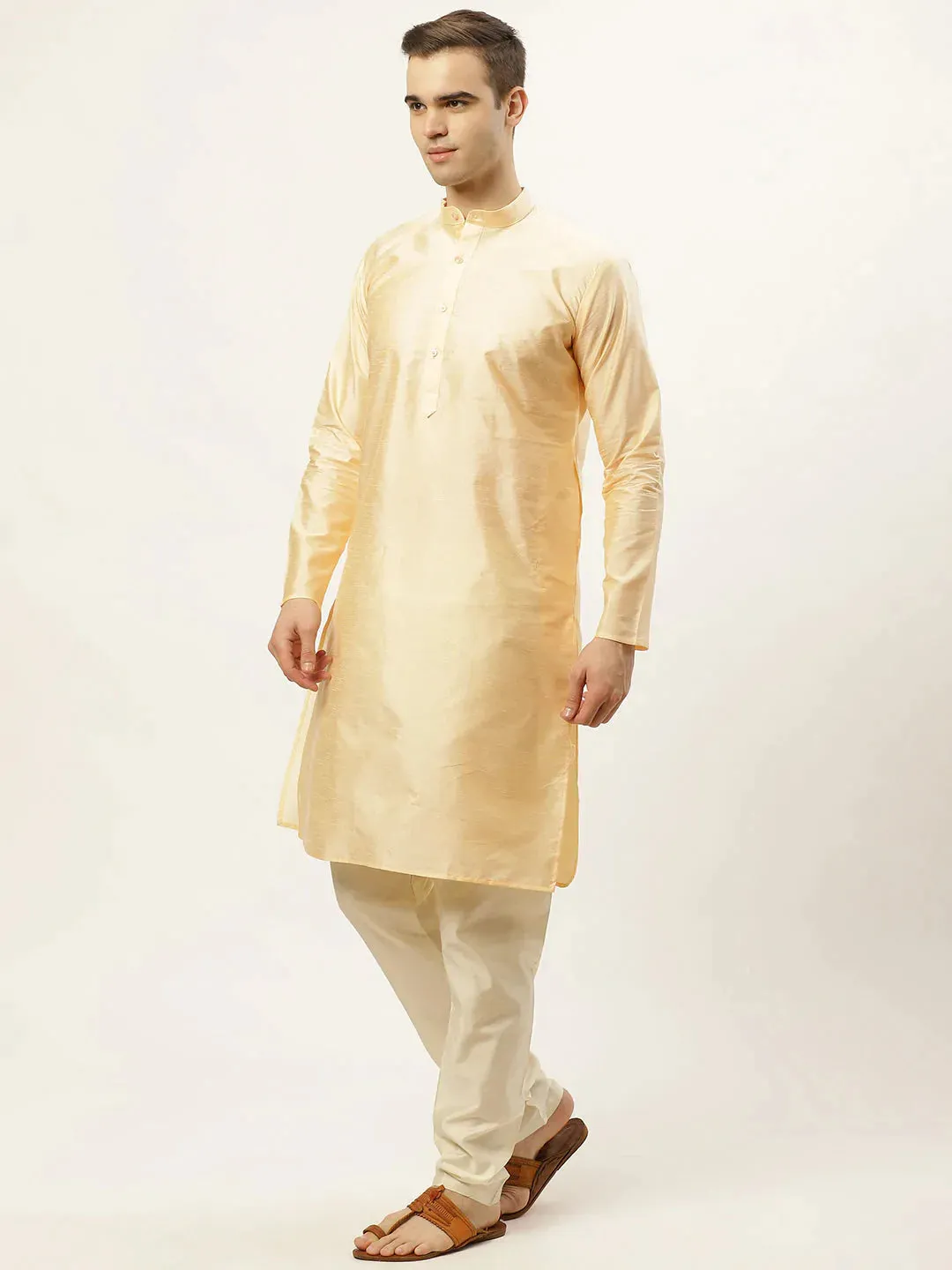 Men'S Golden Dupion Silk Kurta With Churidar & Nehru Jacket