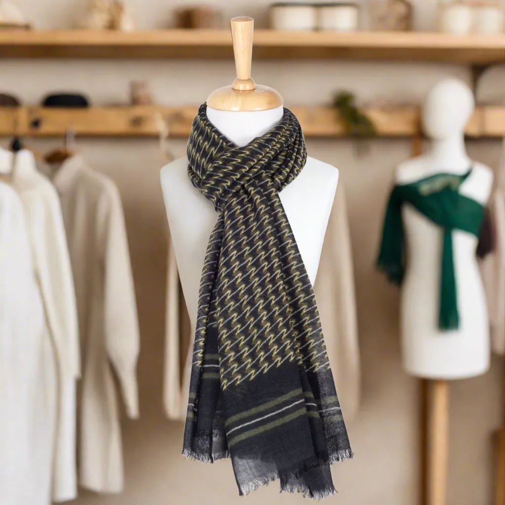 Merino Wool Scarf - Green Yellow Jazzy Waves