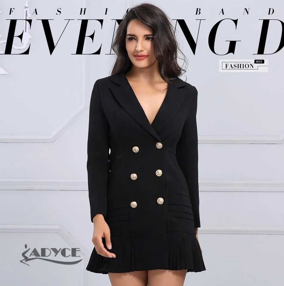 Newline Fashion Black/Gold Button Full Sleeve Skirt Style Pleated Long Style Formal Double Breasted Trench Coat