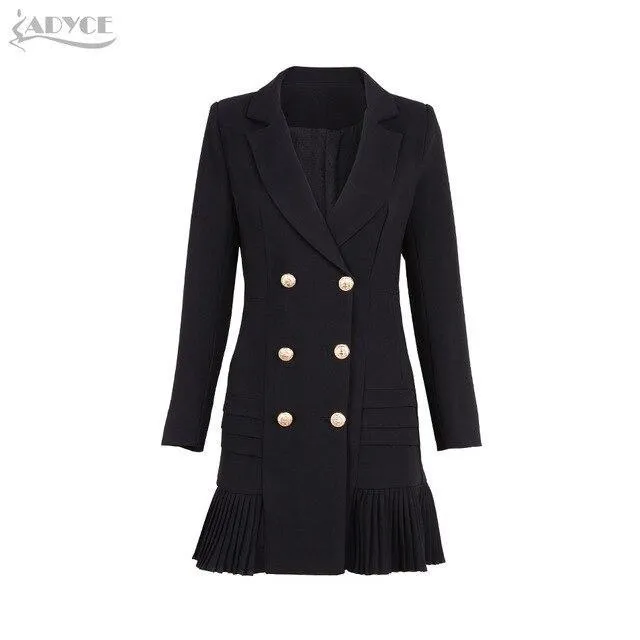 Newline Fashion Black/Gold Button Full Sleeve Skirt Style Pleated Long Style Formal Double Breasted Trench Coat