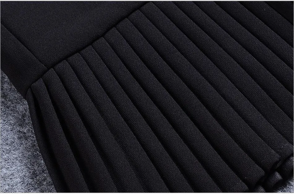 Newline Fashion Black/Gold Button Full Sleeve Skirt Style Pleated Long Style Formal Double Breasted Trench Coat