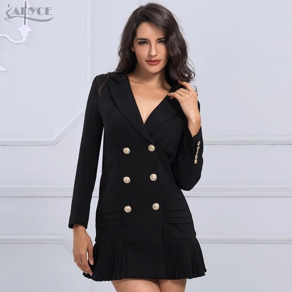 Newline Fashion Black/Gold Button Full Sleeve Skirt Style Pleated Long Style Formal Double Breasted Trench Coat