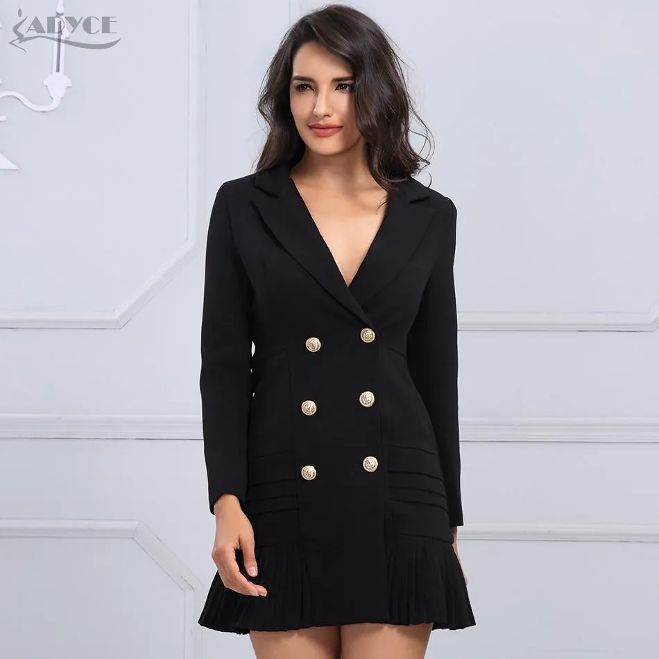 Newline Fashion Black/Gold Button Full Sleeve Skirt Style Pleated Long Style Formal Double Breasted Trench Coat