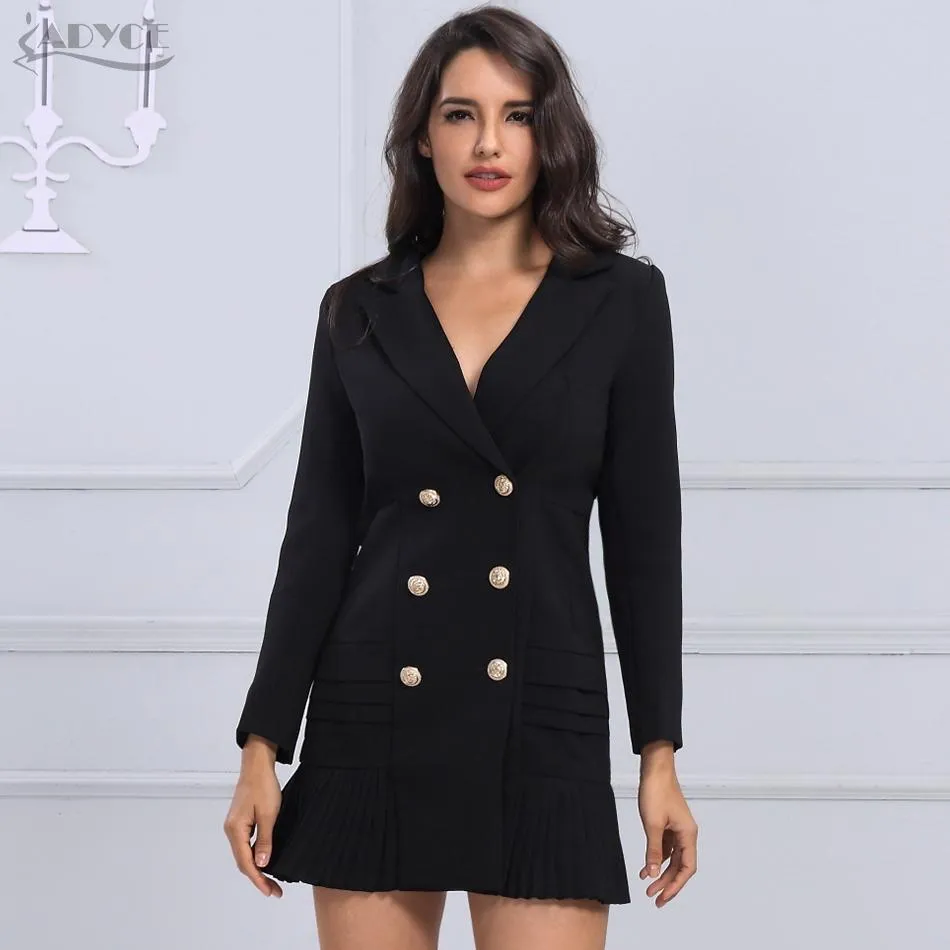 Newline Fashion Black/Gold Button Full Sleeve Skirt Style Pleated Long Style Formal Double Breasted Trench Coat