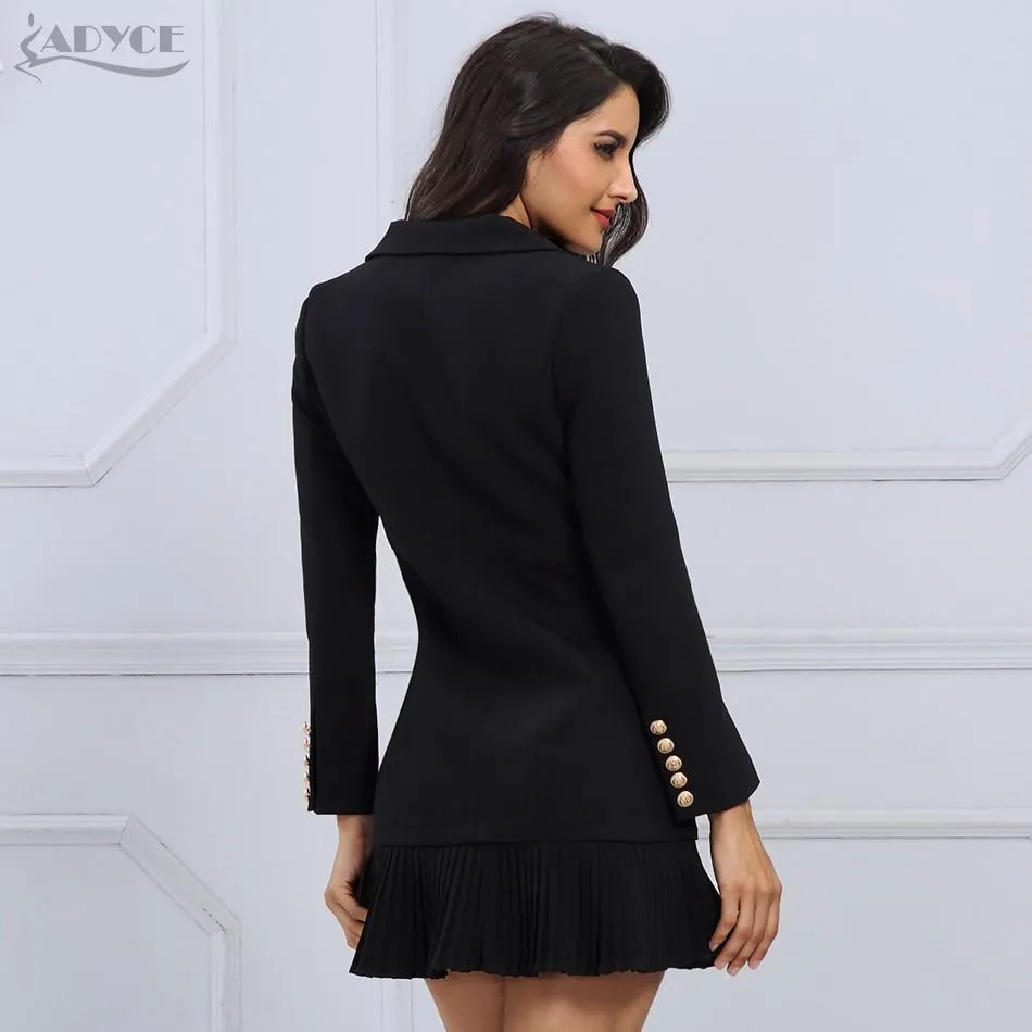 Newline Fashion Black/Gold Button Full Sleeve Skirt Style Pleated Long Style Formal Double Breasted Trench Coat