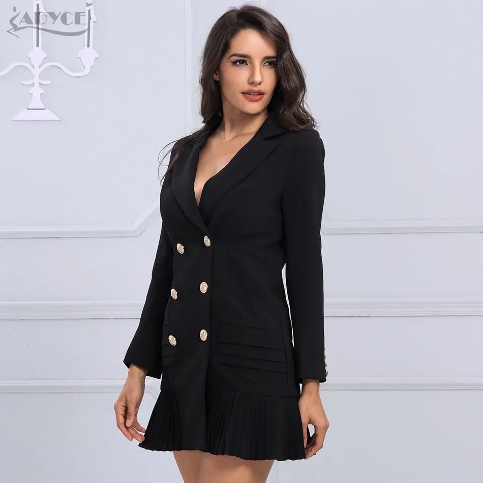 Newline Fashion Black/Gold Button Full Sleeve Skirt Style Pleated Long Style Formal Double Breasted Trench Coat